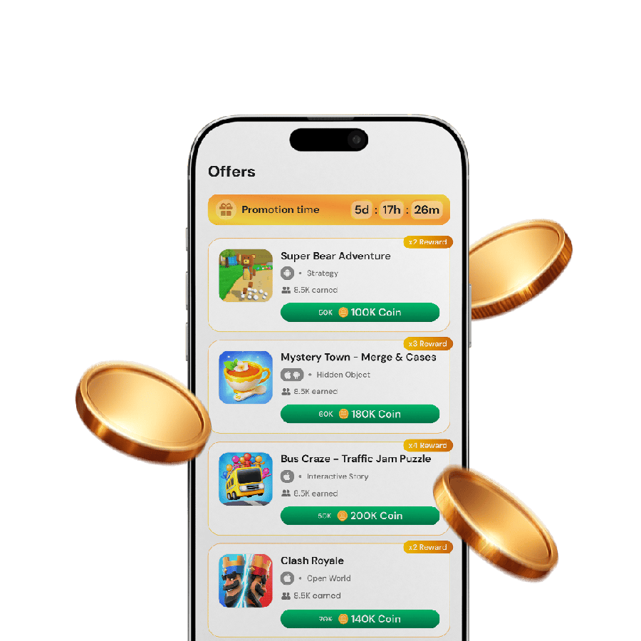 An in-game offerwall panel showing reward offers and premium currency