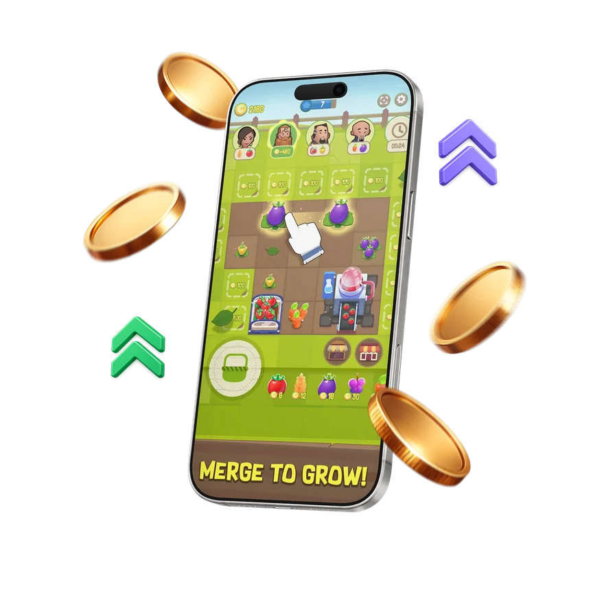 Rewarded playtime in a merge-style mobile game with floating coin rewards