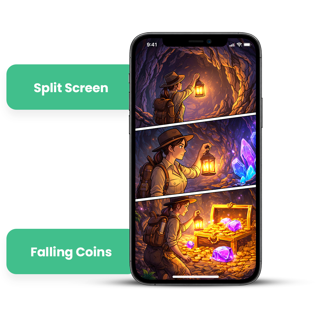 Android Creative Playbook — split-screen gameplay, multiple scenes, falling coins